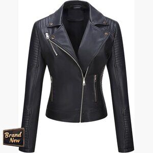 Faux Leather Moto Jacket Lightweight Quilted Classic Fit Long Sleeve